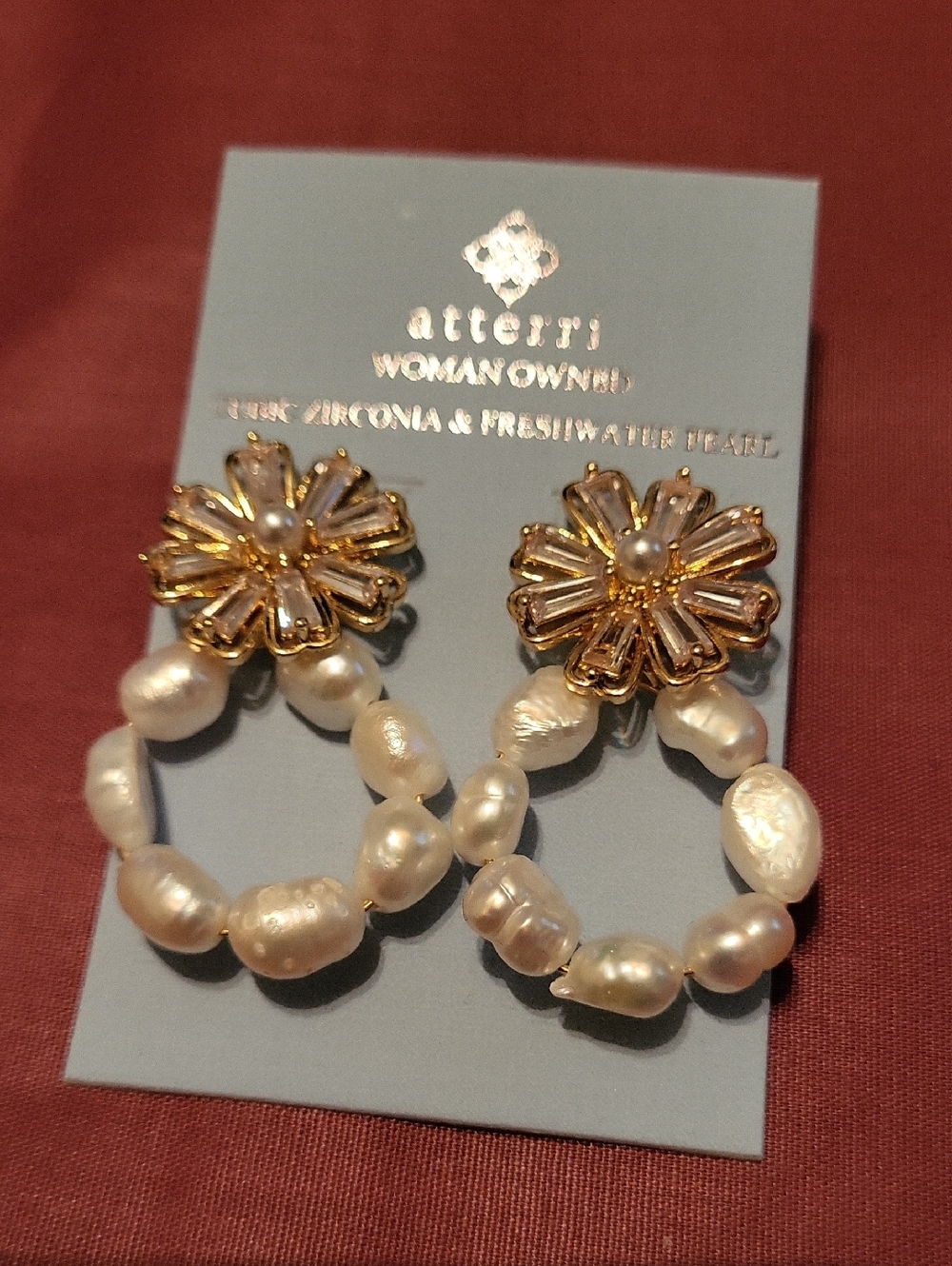atterri Freshwater Pearl & Gold Flower Hoop Earrings Brand New Ta Th